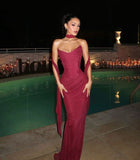 Sexy Two Piece Set Mesh Corset Top and Maxi Skirt Red Valentines Outfit Women Prom Evening Dress HZ0311