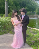 New Arrival Mermaid Spaghetti Straps Pink Lace Long Prom Dresses Inspo Formal Night Party Dress HZ0311