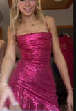 Trendy Sheath Spaghetti Straps Hot Pink Sequins Short 16th Birthday Dress Homecoming Dresses Cocktail Gown HZ0311