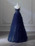A-Line Sweetheart Neck Tulle Dark Blue Long Prom Dress, Dark Blue Long Graduation Dress With Beads HZ0311