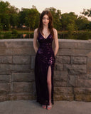 Aesthetic Mermaid Halter Grape Sequins With Slit Long Formal Dresses Evening Prom Dress HZ0311