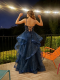 Vintage Ball Gown Spaghetti Straps Navy Blue Tulle Long Prom Dresses Inspiration Party Dress Prom Gowns HZ0311