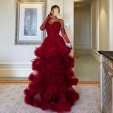 Red Ruffled Tiered Tulle Maxi Ball Gown Sweetheart Spaghetti Straps Ruffled A-Line Arabian Evening Gown HZ0311