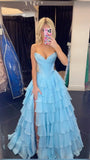 Modest Ball Gown Sweetheart Blue Chiffon Multi Layers Corset Princess Prom Dresses Evening Gown HZ0311