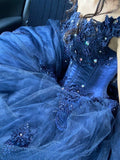 Modest Ball Gown Off The Shoulder Navy Blue Tulle With Short Sleeves Appliques Long Prom Dresses Party Dress Sweet 16 Birthday Outfits Graduation Dress HZ0311