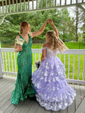 A-Line Lace Off-the-Shoulder Tiered Long Prom Dress with Slit Formal Evening Gowns HZ0311