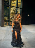 Sexy Black Lace Sequin Slit Mermaid Long Prom Dress Evening Dress HZ0311