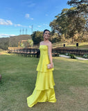Modest A Line Satin Strapless Yellow Prom Dresses Long for Women Formal Evening Gowns HZ0311