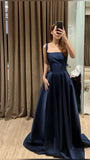 Timeless A line Square Neck Navy Blue Satin Prom Dresses Long for Women Formal Evening Gown HZ0311