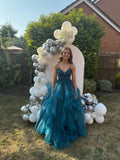 Modest Ball Gown Spaghetti Strap Teal Blue Tulle Corset Ruffle Princess Prom Dresses Evening Gown HZ0311
