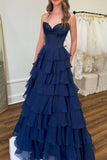 A line Dark Navy Strapless Pleated Prom Dresses With Ruffle Evening Dress HZ0311