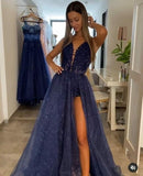 A-line V Neck Spaghetti Straps Long/Floor-Length Tulle Prom Dresses With Appliqued Glitter Split Left HZ0311