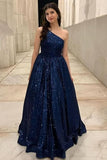 A-line One-Shoulder Navy Blue Sequins Floor-Length Prom Dress Formal Ball Gowns Vestidos De Dia HZ0311