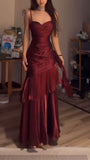 Fashion Burgundy Ruffle Long Prom Dresses Spaghetti Straps Dance Dress HZ0311