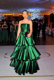 Modest Ball Gown Strapless Green Satin Prom Dresses Long for Women Formal Evening Gown HZ0311