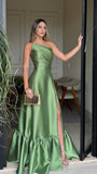 Chic A Line One Shoulder Sage Green Satin Prom Dresses Long for Women Formal Evening Gown HZ0311