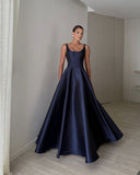 Simple A line Square Neck Navy Blue Satin Prom Dresses Long for Women Formal Evening Gown HZ0311