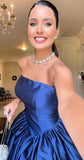 Chic Ball Gown Strapless Royal Blue Satin Prom Dresses Long for Women Formal Evening Gowns HZ0311