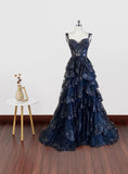 Modest Ball Gown Straps Navy Blue Lace Prom Dresses Long for Women Ruffle Formal Evening Gown HZ0311