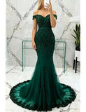 Green Mermaid Lace Beaded Off-Shoulder Formal Prom Dresses Long Party Dress HZ0311
