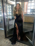Sexy Black Lace Sequin Slit Mermaid Long Prom Dress Evening Dress HZ0311
