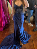 Aesthetic Mermaid Spaghetti Straps Navy Blue Sequins With Slit Long Formal Dresses Evening Prom Dress HZ0311