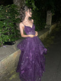 A-line Purple Tulle with Lace Applique Straps Evening Dress, Purple Tulle Long Prom Dress HZ0311