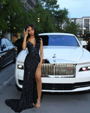 Glamorous Mermaid Sweetheart Black Sequins Long Pleated Prom Dress with Split For Teens HZ0311