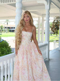 Spaghetti Straps Pink Floral Satin A line Long Formal Party Dress For Teens Prom Dresses HZ0311