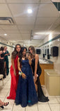 A Line Spaghetti Straps Navy Blue Satin Lace Backless Party Long Prom Dresses HZ0311