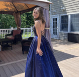 A Line Spaghetti Straps Navy Blue Satin With Beadings Backless Party Long Prom Dresses HZ0311