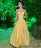 Classy Ball Gown Satin Strapless Yellow Satin Prom Dresses Long for Women Formal Evening Gowns HZ0311