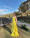 Modest A Line Satin Strapless Yellow Prom Dresses Long for Women Formal Evening Gowns HZ0311