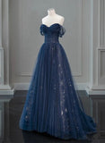 A-Line Off Shoulder Tulle Lace Dark Blue Long Prom Dresses HZ0311