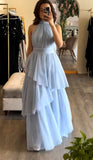 Modest A line High Neck Light Sky Blue Sleeveless Tulle Long Prom Dresses Evening Gowns HZ0311