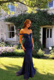 Aesthetic Navy Blue Mermaid Lace Appliques Prom Dresses Long for Women Off the Shoulder Illusion Formal Dress HZ0311