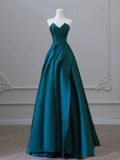 A-Line Sweetheart Satin Green Long Prom Dress Green Satin Long Formal Evening Dress HZ0311