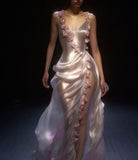 Mermaid Floor Length Pink Spaghetti Straps Prom Dress With Slit Long Floral Pleated Prom Dresses For Women HZ0311