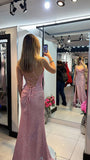 Aesthetic Mermaid Spaghetti Straps Pink Sequins Long Formal Dresses Evening Prom Dress HZ0311