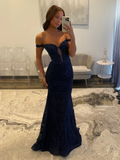 Navy Blue Mermaid Lace Appliques Prom Dresses Long for Women 2026 Off the Shoulder Illusion Formal Vestidos De Dia HZ0311