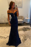 Aesthetic Navy Blue Mermaid Lace Appliques Prom Dresses Long for Women Off the Shoulder Illusion Formal Dress HZ0311