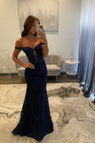 Aesthetic Navy Blue Mermaid Lace Appliques Prom Dresses Long for Women Off the Shoulder Illusion Formal Dress HZ0311