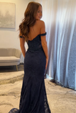 Aesthetic Navy Blue Mermaid Lace Appliques Prom Dresses Long for Women Off the Shoulder Illusion Formal Dress HZ0311