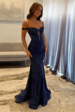Aesthetic Navy Blue Mermaid Lace Appliques Prom Dresses Long for Women Off the Shoulder Illusion Formal Dress HZ0311