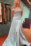 Elegant Mermaid Off The Shoulder Blue Chiffon Long Prom Dresses Evening Gowns Vestidos De Dia HZ0311
