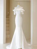 Timeless Mermaid Off The Shoulder White Satin Long Bride Dress With Short Sleeves Bride Dress Classy Wedding Dresses HZ0311