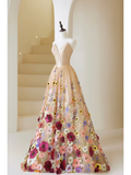 Cute Ball Gown Sweetheart Floral Tulle Champagne Long Prom Dresses Impress 19th Birthday Outfits Prom Gown HZ0311