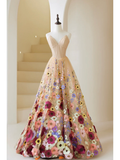 Cute Ball Gown Sweetheart Floral Tulle Champagne Long Prom Dresses Impress 19th Birthday Outfits Prom Gown HZ0311