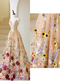 Cute Ball Gown Sweetheart Floral Tulle Champagne Long Prom Dresses Impress 19th Birthday Outfits Prom Gown HZ0311