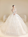 Timeless Wedding Dresses for Bride with Lace Appliques Ball Gown Princess Scoop Tulle Women Dress Short Sleeves Bride Dress HZ0311